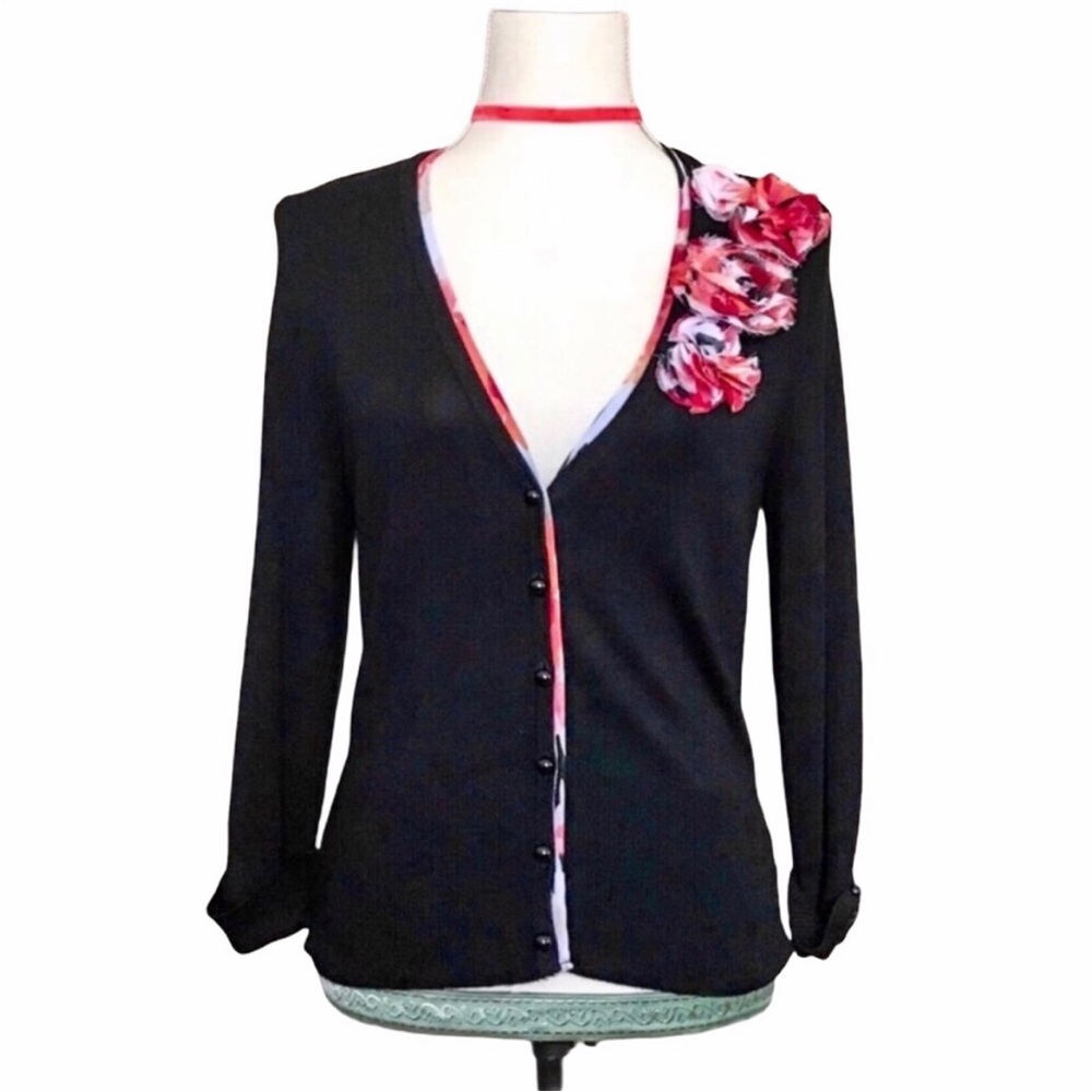 WHBM Black Floral Cardigan Sweater with
Embellished Silk Roses Size M
